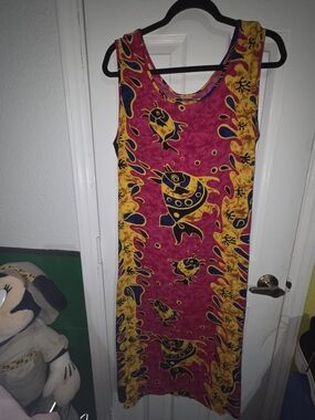 VTG LUFENG Sleeveless Pink and Yellow Fish  Pattern Maxi Sun Dress. Size L
